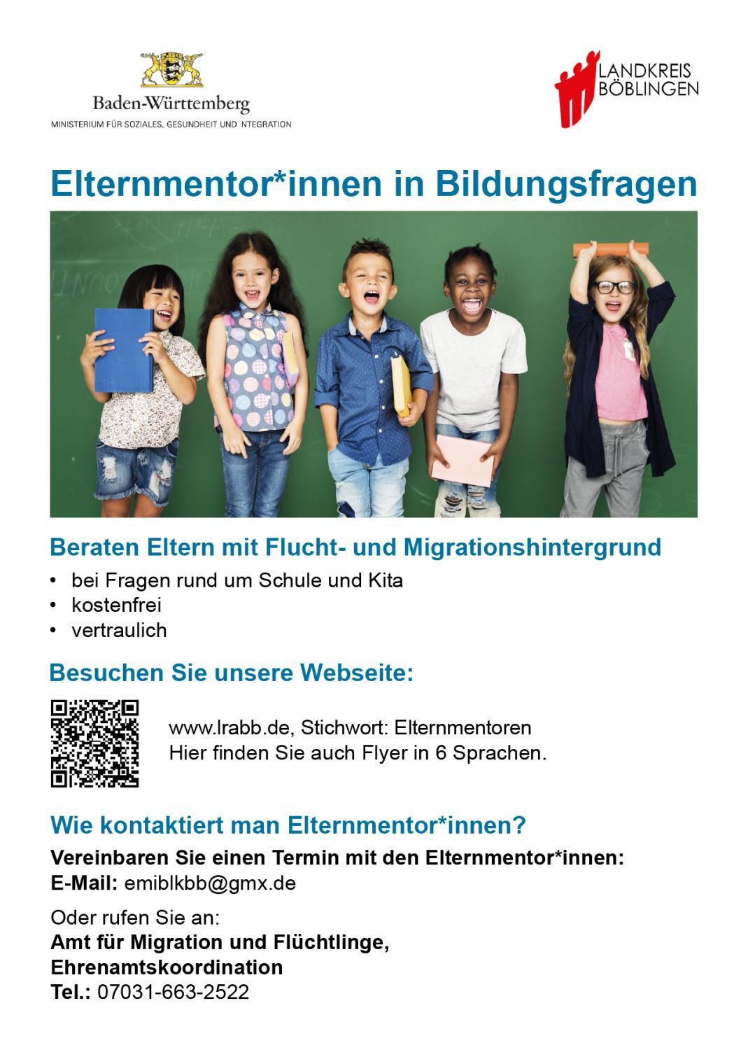 Plakat gestaltet mit einem Kinderbild und Informationen zu den Elternmentor+innen
