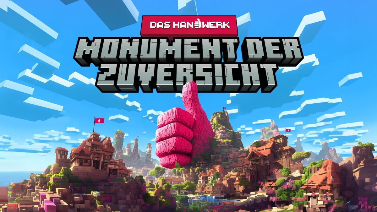 Landschaft mit einem Daumen nach oben, gestaltet wie ein Computerspiel