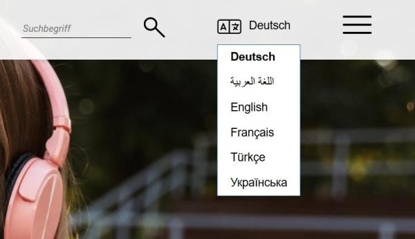 Sprachauswahl auf der Website als Screenshot