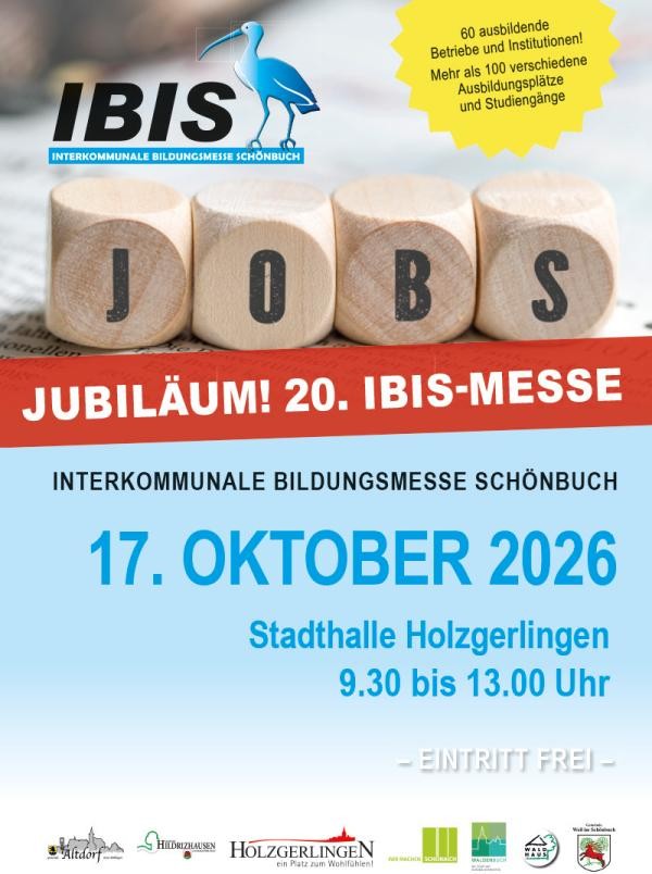 Plakat der ibis: Würfel und dem Wort Jobs in Einzelbuchstaben und Veranstaltungstext zur Messe 
