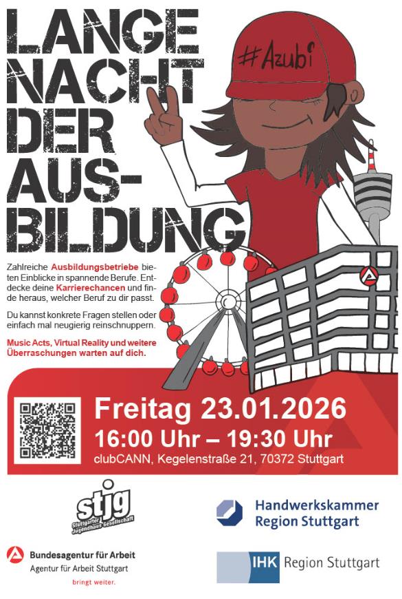 Flyer der Langen Nacht der Ausbildung, Clipart-Azubi mit Text und Infos