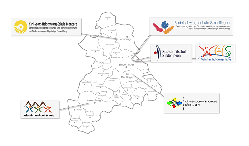 Eine Karte mit Logos der einzelnen SBBZ Schulen im Landkreis Böblingen