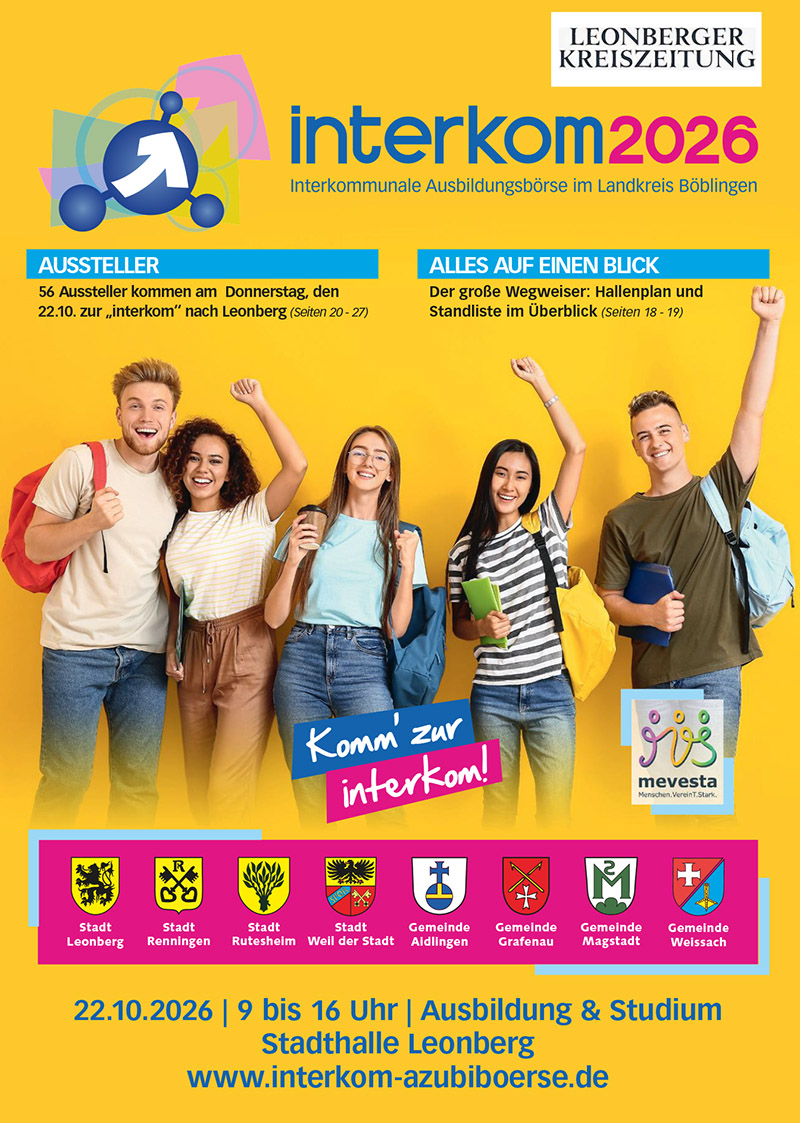 Plakat der interkom mit gelbem Hintergrund und Jugendlichen im Vordergrund