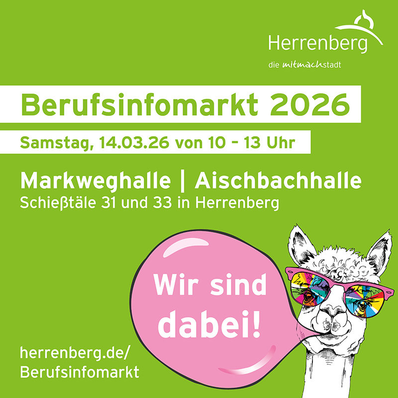 Anzeige für den Berufsinfomarkt mit Informationen und einem Lama als Bild