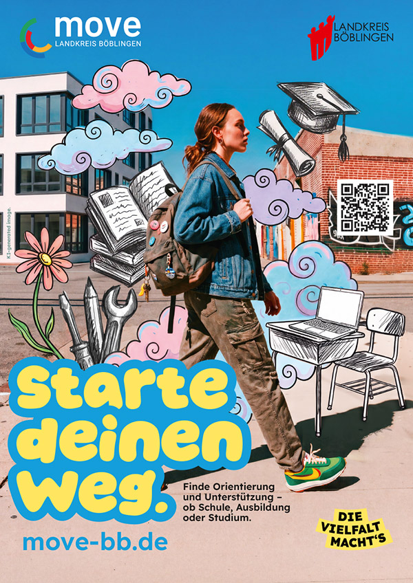 Bild mit einer Jugendichen vor verschiedenen Cliparts und der Schrift: Starte deinen Weg.