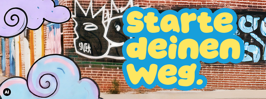 Der Claim "Starte deinen Weg" als Text, im Hintergrund ein Ziegelsteingebäude mit Graffiti