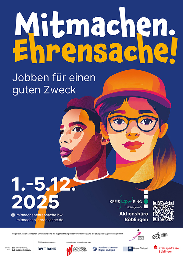 Plakat von Mitmachen Ehrensache: zwei Jugendliche vor blauem Hintergrund und die Informationen