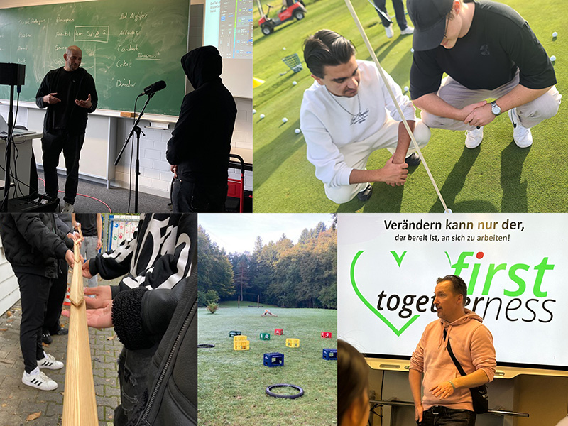 Verschiedene Bilder aus Projekten, im Klassenzimmer, beim Golfen, einem Spiel und eine Vortragsreihe