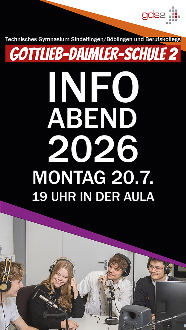 Flyer zum Infoabend GDS2, Schüler im Unterricht und Text zur Ankündigung