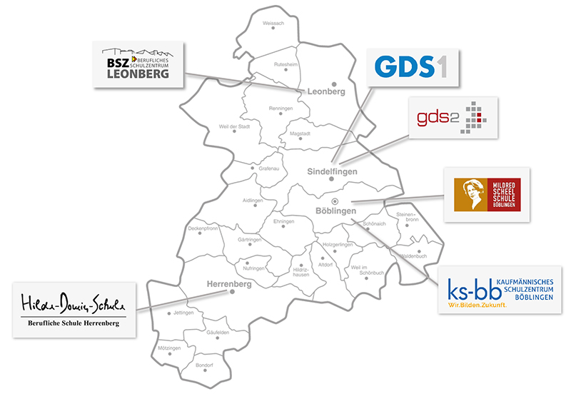 Karte des Landkreis Böblingen mit Logos und Position der beruflichen Schulen