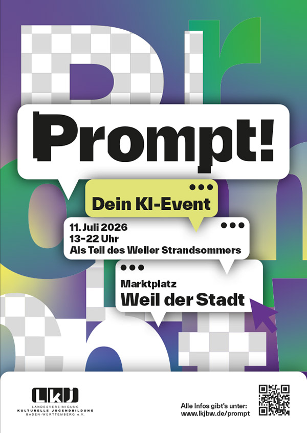 Flyer zum Event, Schrift auf buntem Hintergrund