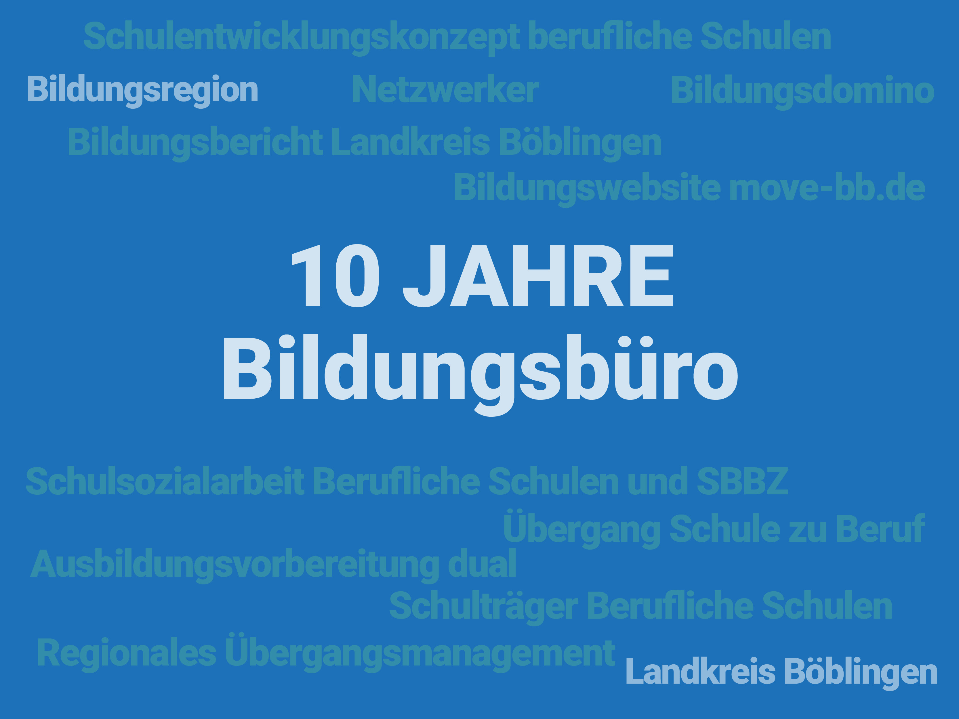 Schriftzüge, was das Bildungsbüro alles macht auf blauem Hintergrund