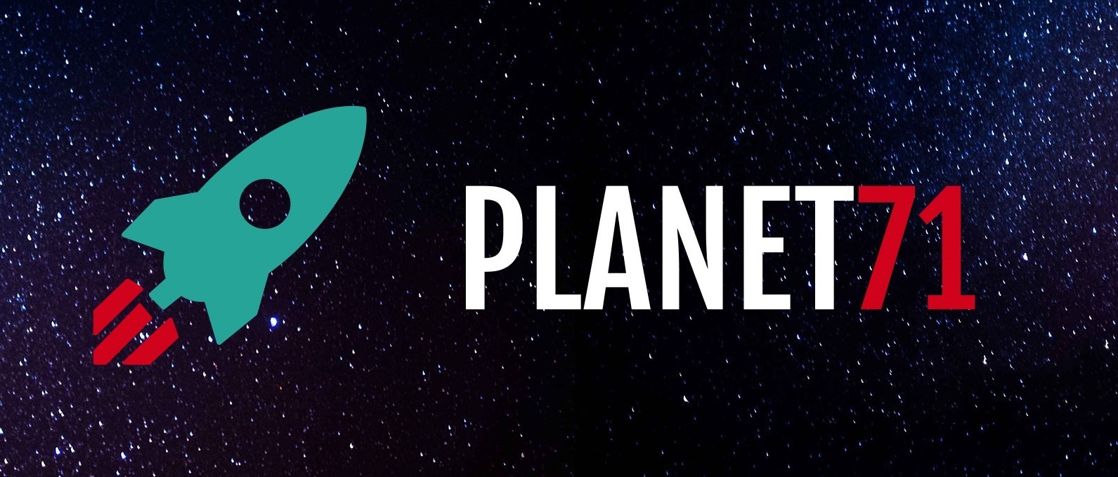 Logo von Planet 71, grüne Rakete im Universum
