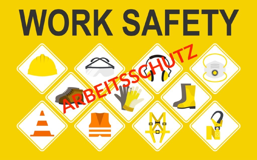 Works Safety - Arbeitsschutz Abbildung mit Piktogrammen, was alles beim Arbeitsschutz zu beachten ist